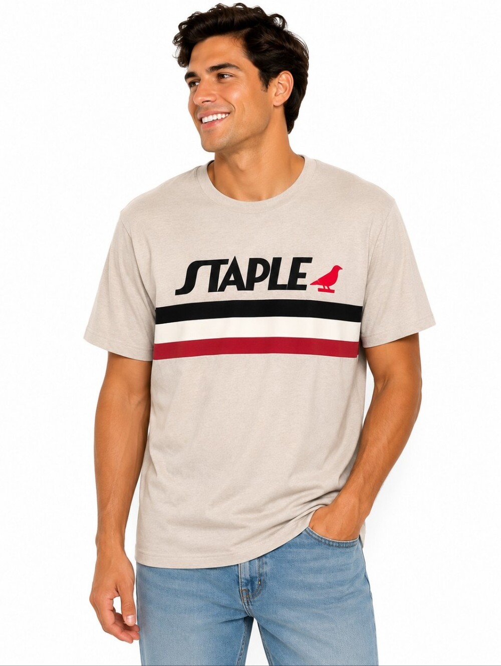 Staple Pigeon Beige Raceway Embroidered Tee Lightweight Men's T-shirt Size L NWT